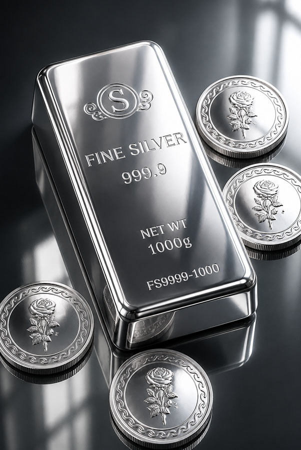Fine silver bullion bar and coins