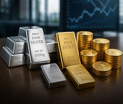 Gold and silver bullion bars and coins